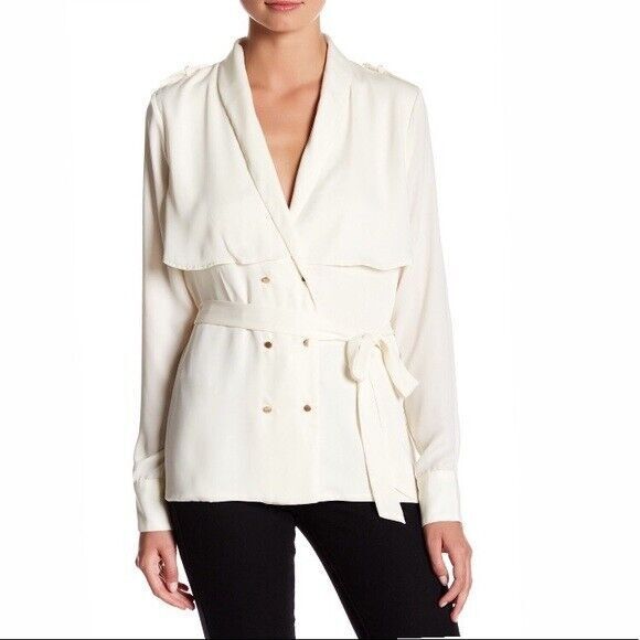 L'ACADEMIE Ivory The Trench Blouse Long Sleeve Tie Waist Button Top SIZE SMALL - Picture 1 of 11